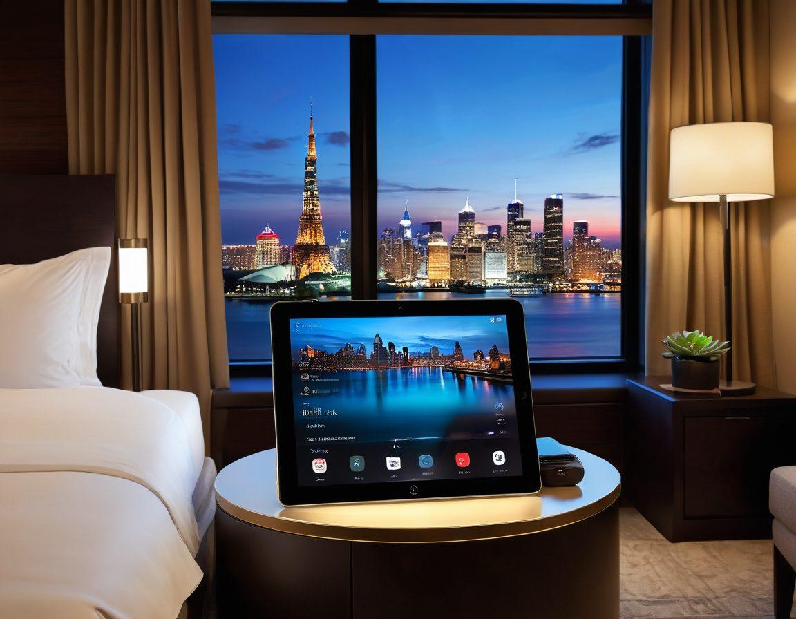 A luxurious hotel room featuring a sleek tablet on a plush bedside table, displaying a vibrant interface with options for ordering room service, spa bookings, and local recommendations. Soft, ambient lighting casts a warm glow across the space, while a serene view of a city skyline is visible through the window. Add stylish decorative elements such as a succulent plant and elegant textiles. super-realistic. vibrant colors. warm tones.