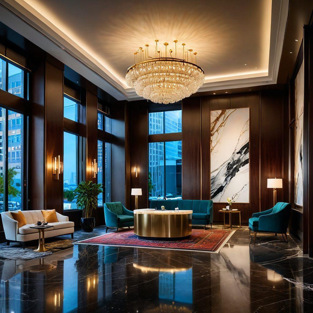 A luxurious hotel lobby featuring futuristic smart technology like touch-screen check-in kiosks, intelligent lighting that reacts to guests' moods, and advanced robotic concierge. Include diverse guests enjoying the experience, with warm lighting and elegant decor. Capture an atmosphere of comfort and sophistication. super-realistic. vibrant colors. 3D.