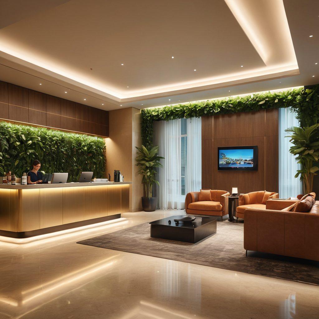 A luxurious hotel lobby featuring tablet-based service stations where staff and guests interact seamlessly. Show a modern design with elegant furnishings, lush greenery, and soft lighting, emphasizing high-tech convenience in a refined atmosphere. Include guests using tablets to order room service and staff assisting with smiles. Capture the essence of luxury and modern technology intertwined. super-realistic. vibrant colors. 3D.